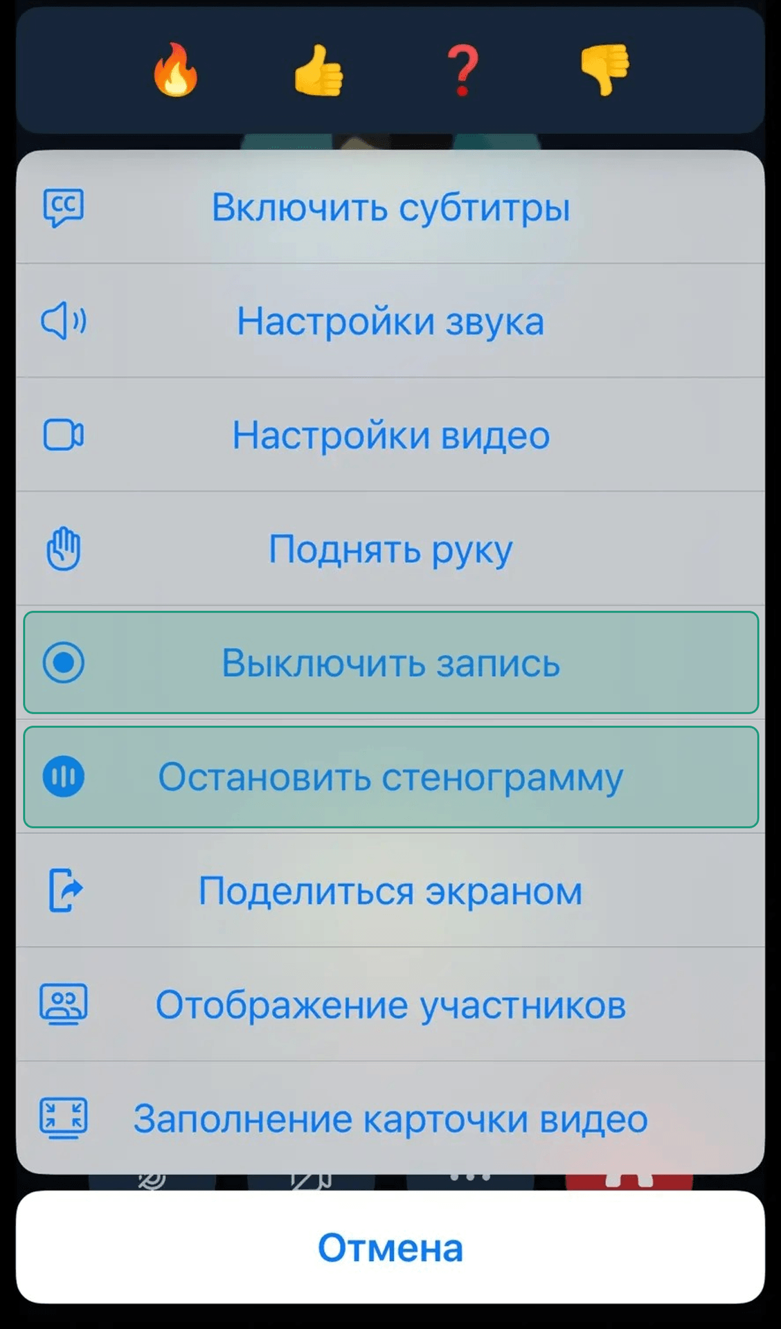 Выключение записи и остановка стенограмы