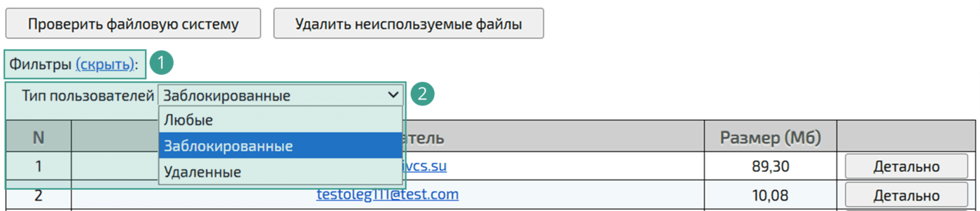Информация о файловом хранилище пользователя (общий вид)