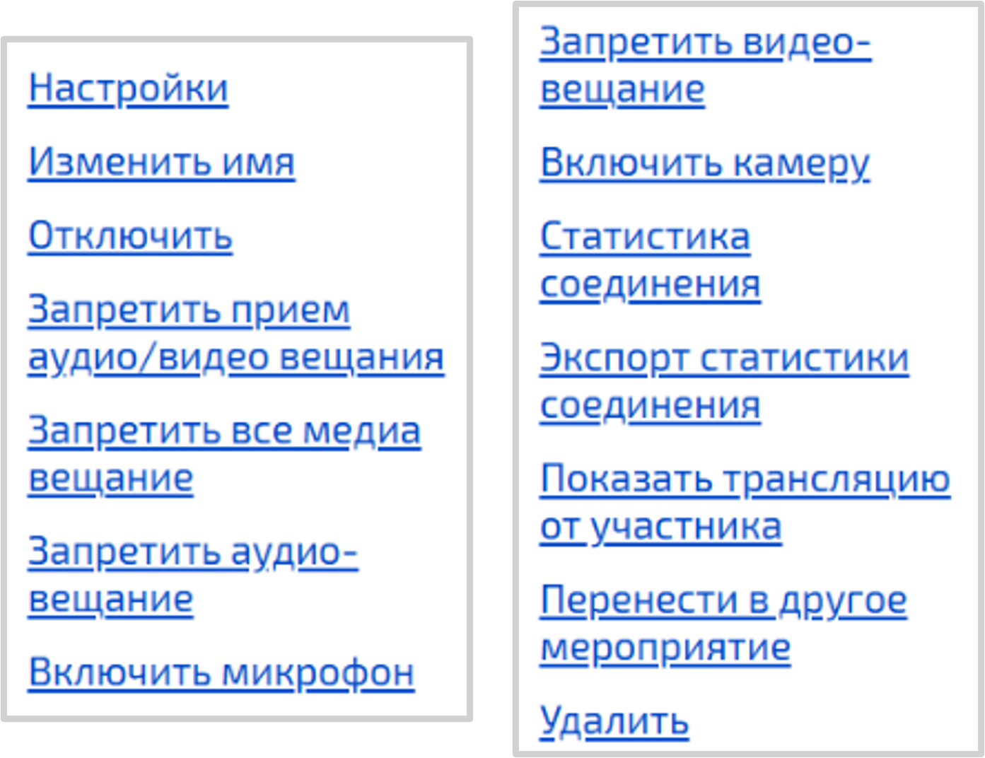 Расширенный список действий