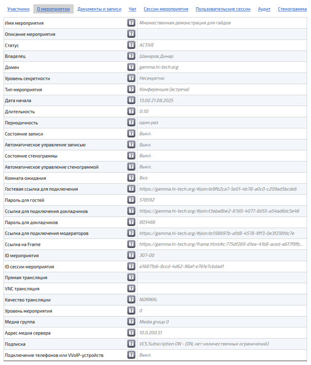 Вкладка О меропритятии