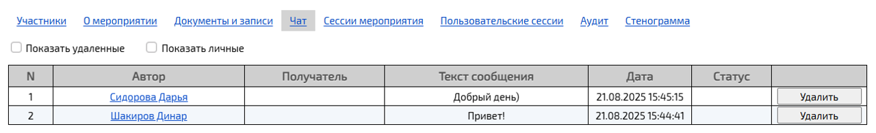 Вкладка Чат