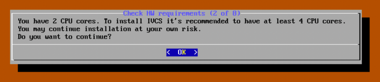 Предупреждение о недостаточном количестве ядер для установки
