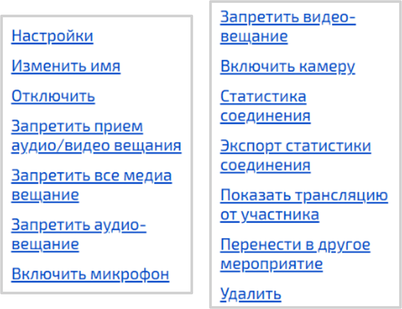 Расширенный список действий