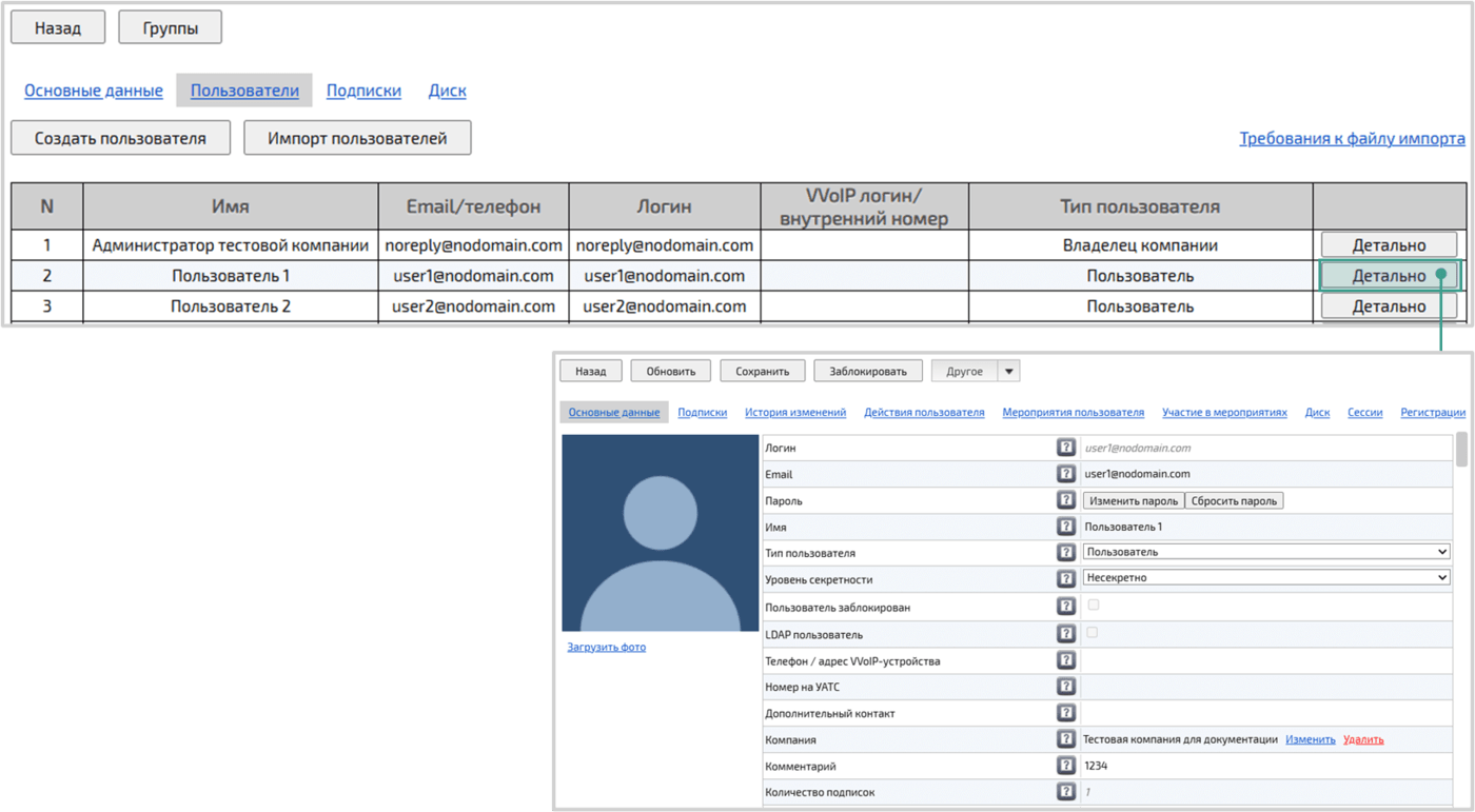 Редактирование учетной записи пользователя компании