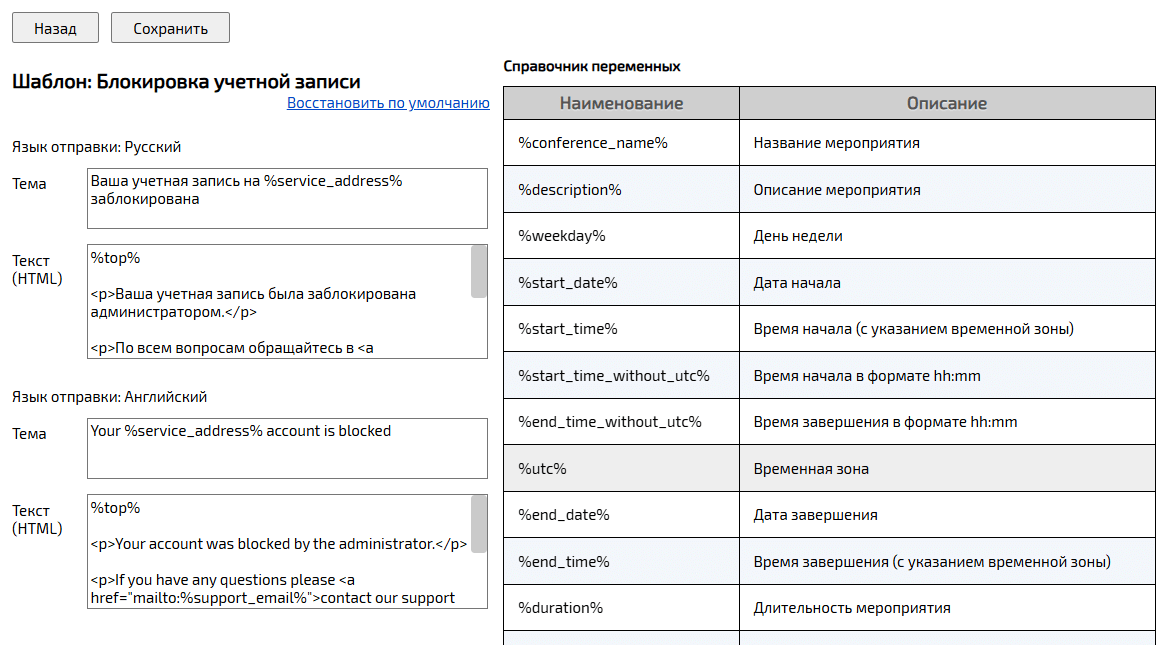 Окно редактирования шаблона письма