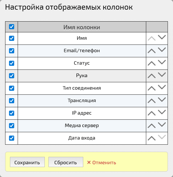 Настройка отображаемых колонок