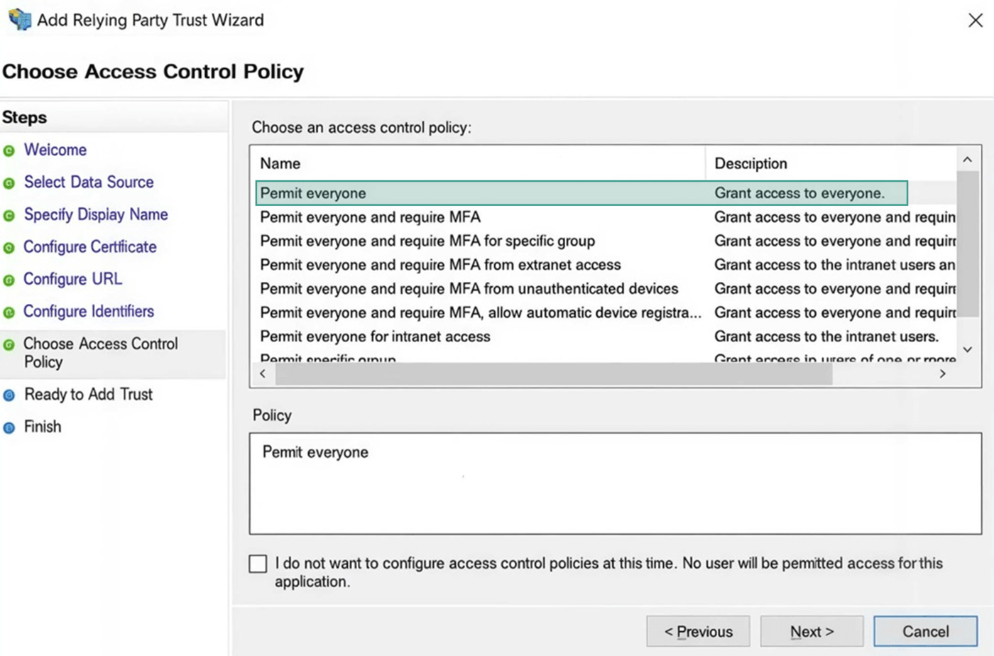 Вкладка Choose Access Control Policy