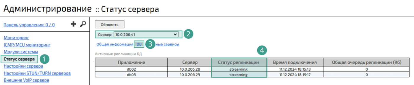 Раздел Статус сервера
