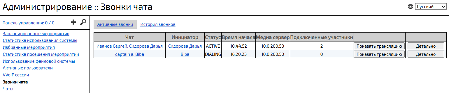 Раздел Активные звонки