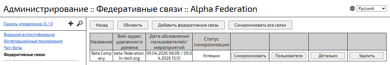 Статус синхронизации серверов федерации