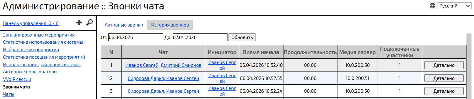 Раздел История звонков