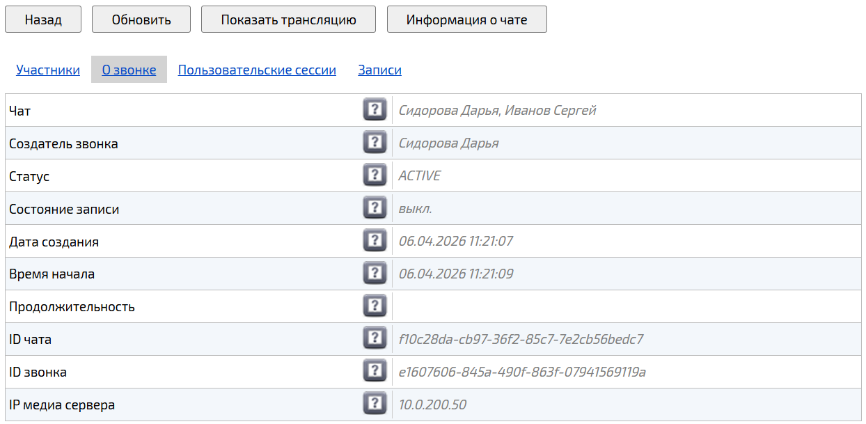 Вкладка О звонке