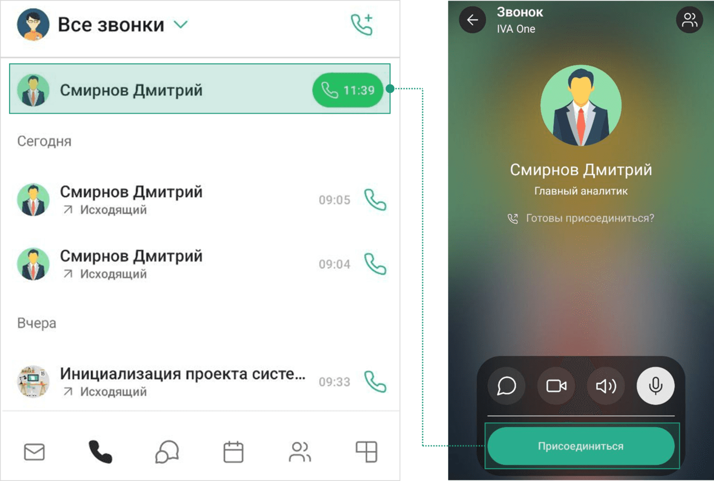 Перевод звонка через историю звонков