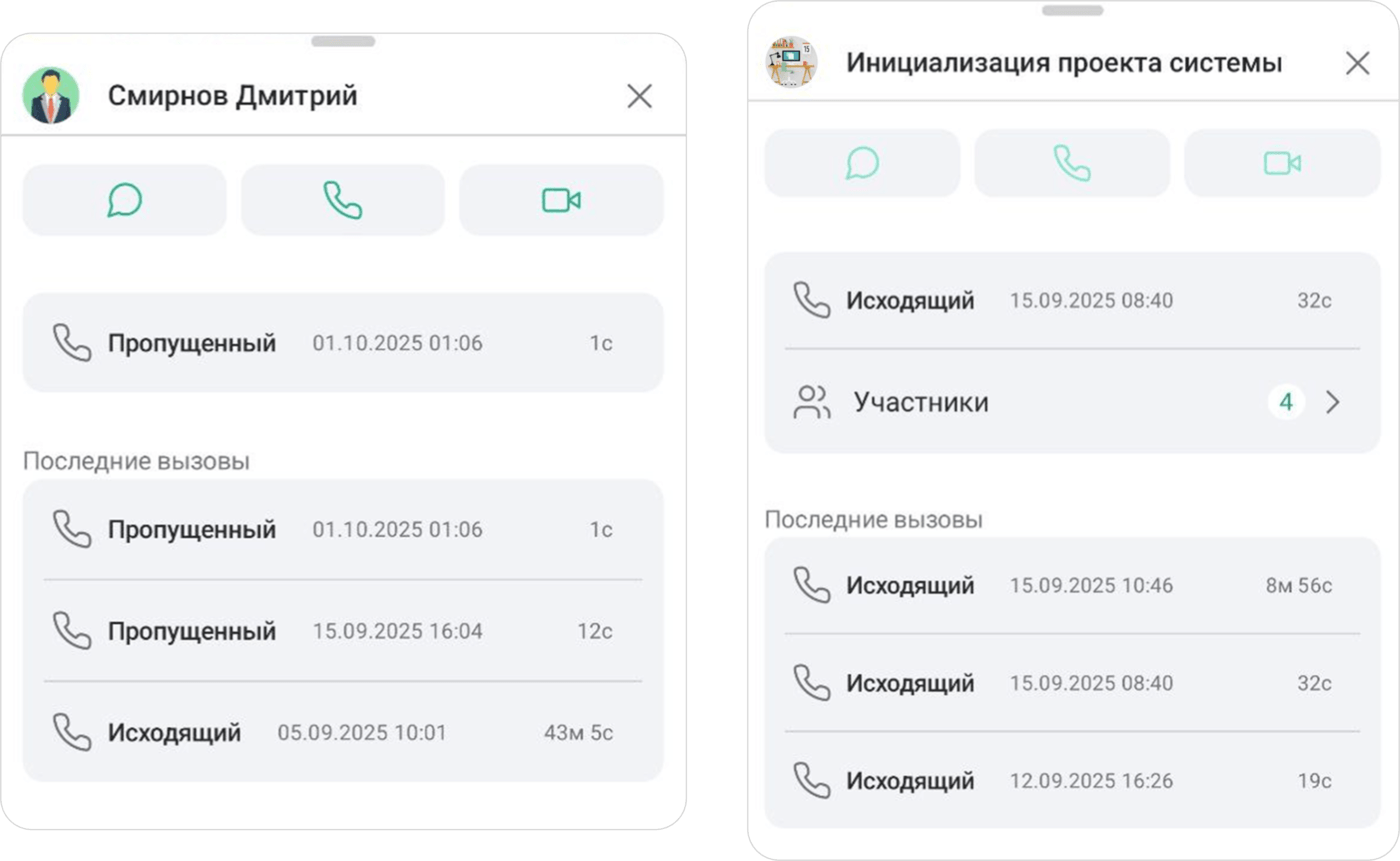 История звонков с пользователем / чатом