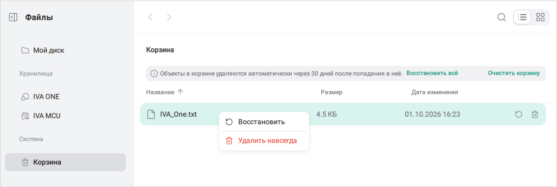 Действия с файлом в корзине