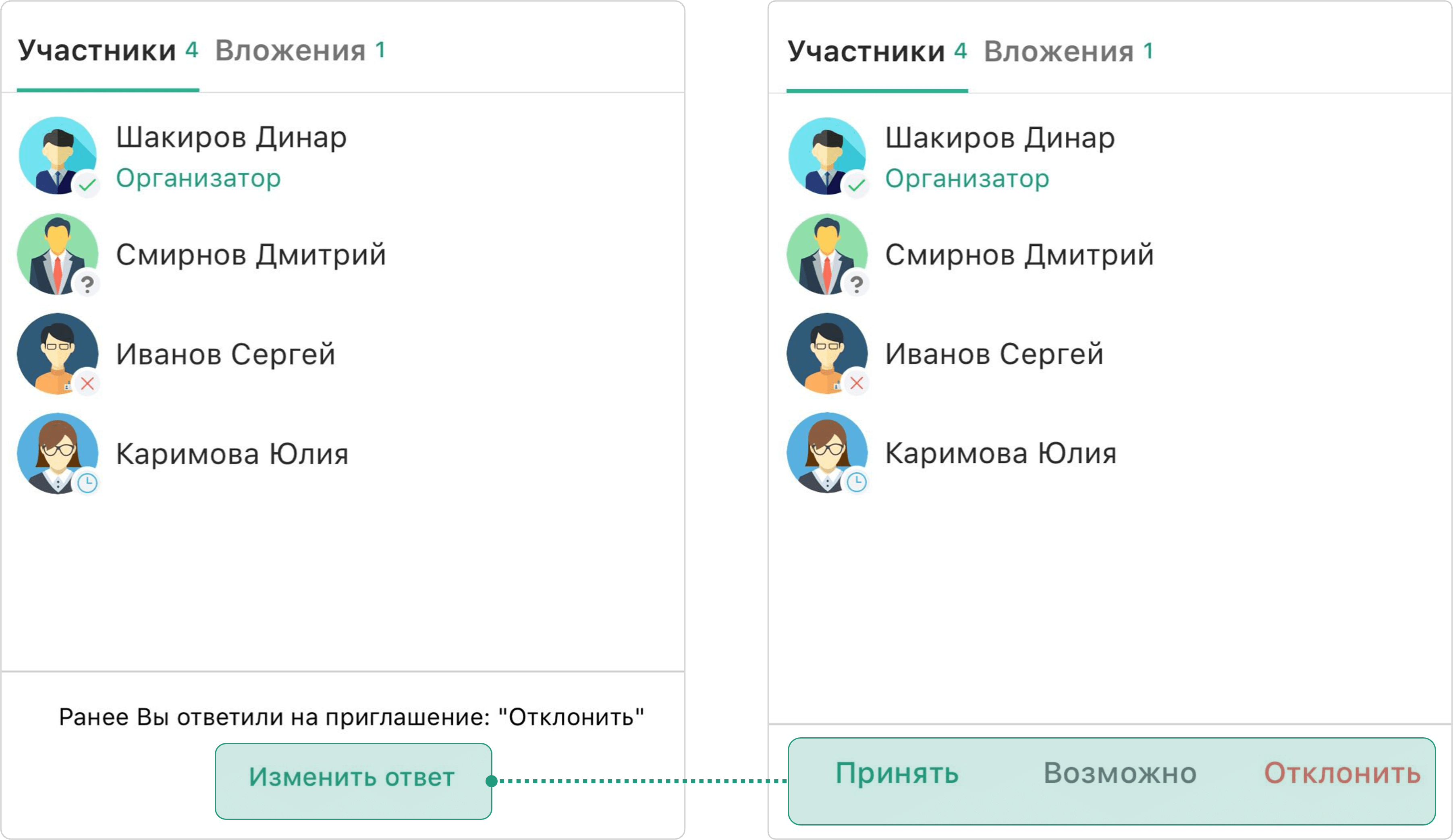 Изменить ответ на приглашение