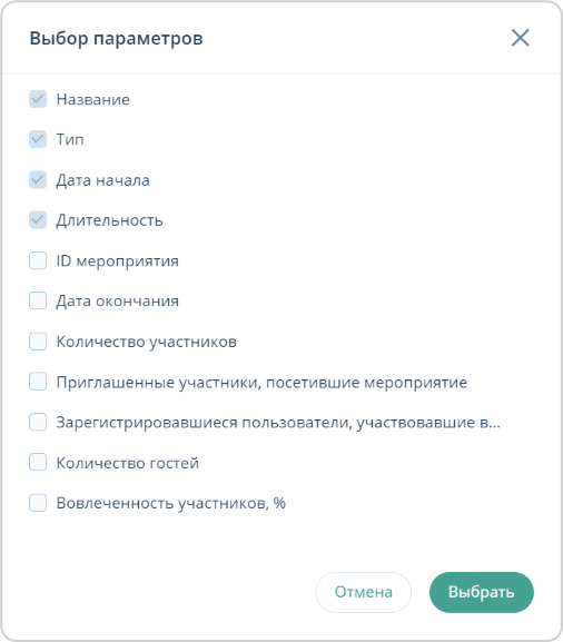 Дополнительные параметры списка мероприятий