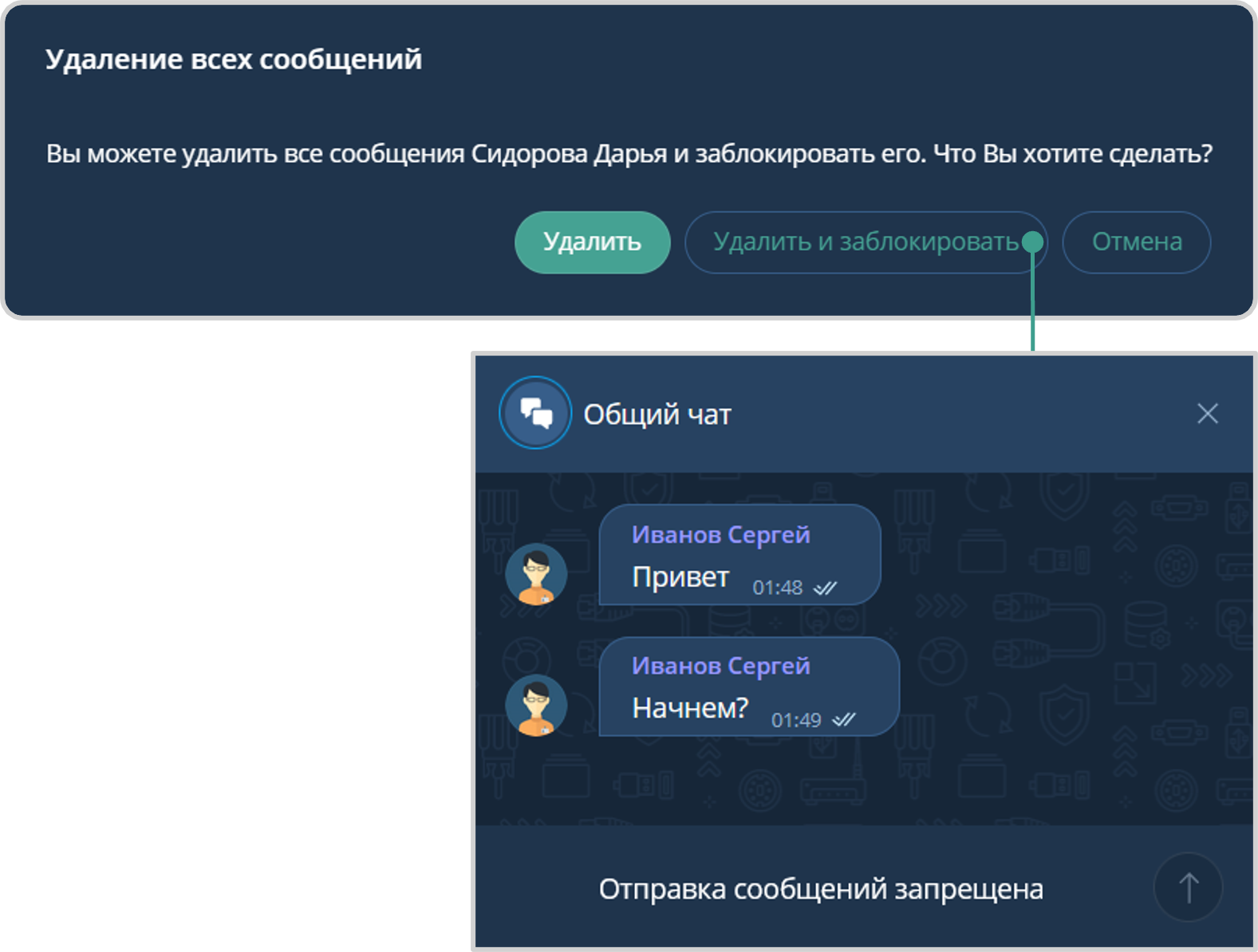Удаление всех сообщений участника и запрет отправки сообщений