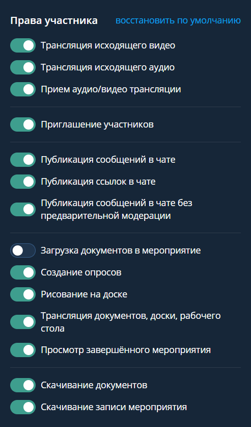 Настройка прав участника активного мероприятия