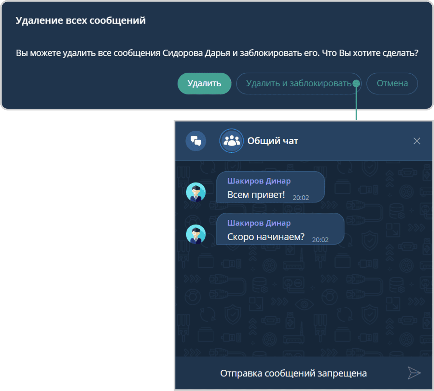 Удаление всех сообщений участника и запрет отправки сообщений
