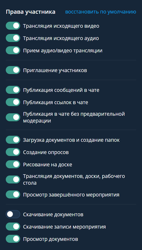 Настройка прав участника активного мероприятия
